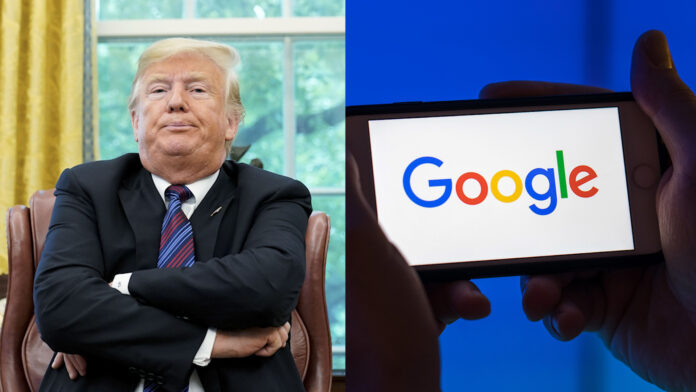 A side-by-side image of Donald Trump in the Oval office and Google logo appearing on a phone screen