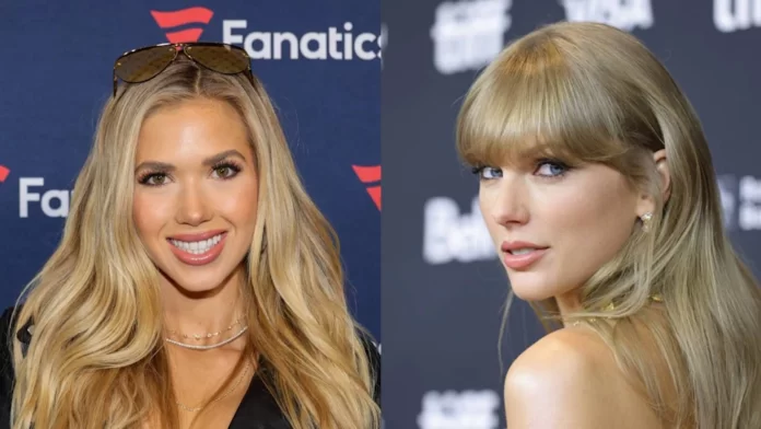 A side-by-side picture of Kansas City Chiefs heiress Gracie Hunt on the left and musician Taylor Swift on the right