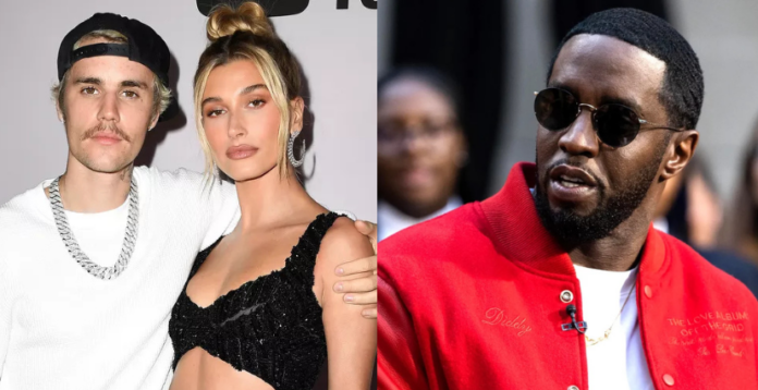 A side-by-side picture of Justin Bieber and his wife Hailey Bieber on the right and rap artist Sean 'Diddy' Combs on the right