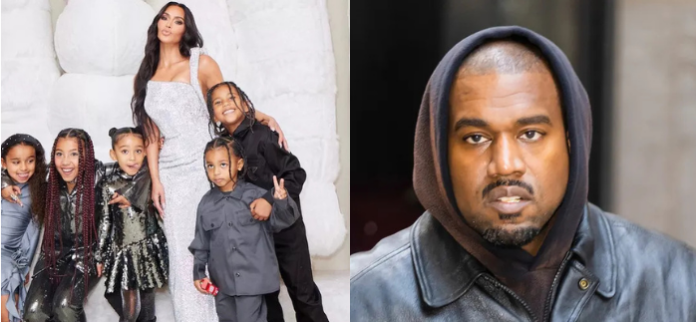 Side-by-side picture of Kim Kardashian with her children on the left and her ex-husband on the left